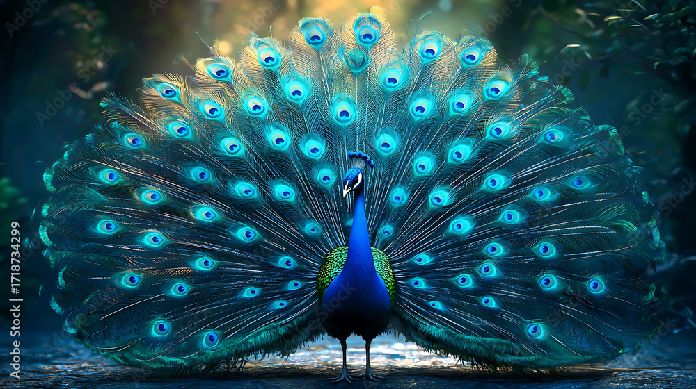 Obraz premium Vibrant peacock displaying its colorful feathers in lush environment, showcasing beauty and elegance