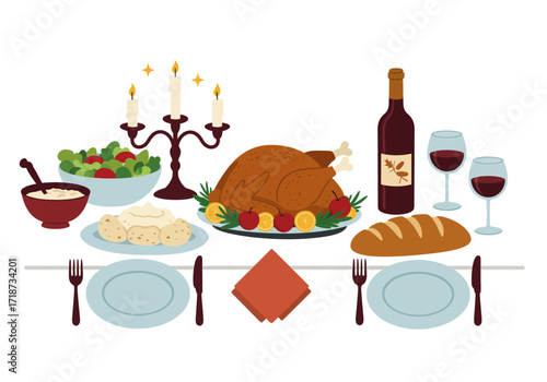 Thanksgiving feast turkey wine bread salad candles silverware and dinner plates are arranged on the table