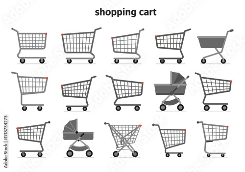 The image shows 15 grey shopping carts and baby strollers arranged in rows with the text shopping cart written above them
