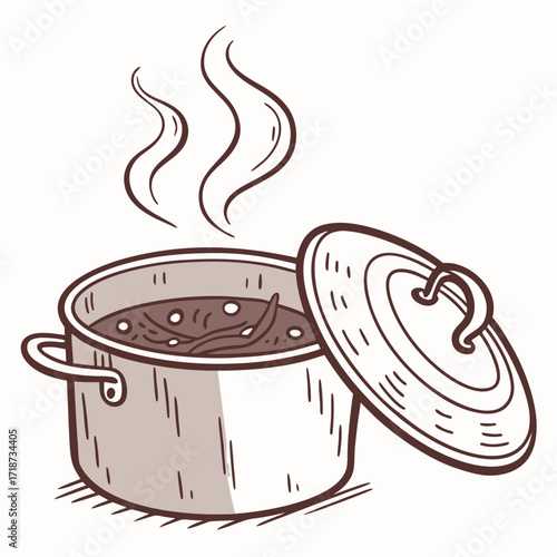Cartoon pot with stew and steam, lid ajar cooking heat