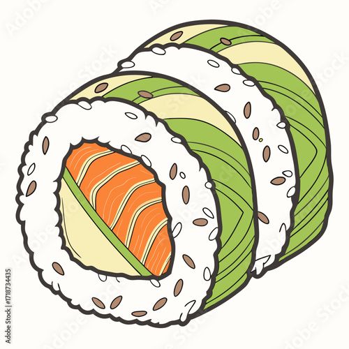Cartoon Sushi Roll with Salmon and Avocado on White Background Keywords: sushi, maki, roll