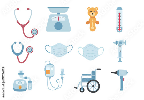 Twelve illustrations of medical equipment and a toy bear