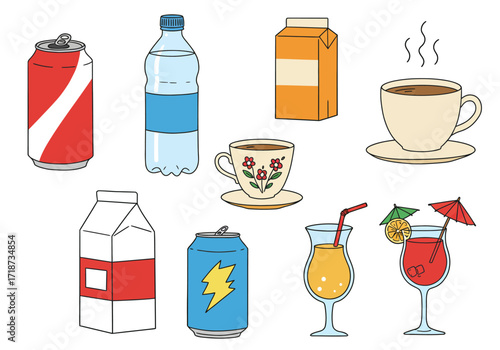 Various beverages soda cans bottled water milk cartons teacups  tropical cocktails arranged against a white background