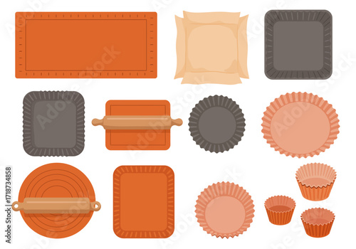 Various baking utensils are arranged on a white background