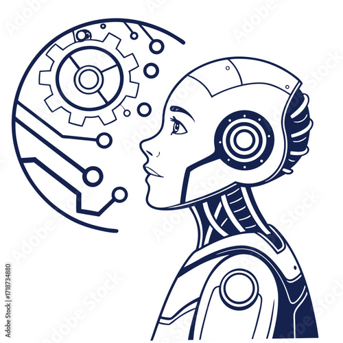 Close-up profile of a robot's head with gears and circuits