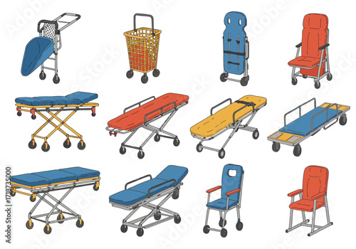 Various medical carts  stretchers in multiple styles and colors populate the image