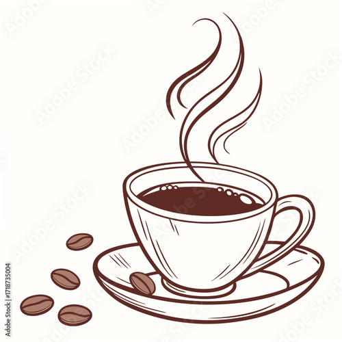 Coffee Cup with Few Beans and Steam Illustration saucer