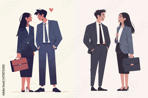 Two pairs of young professionals engage in friendly conversations at a contemporary office.