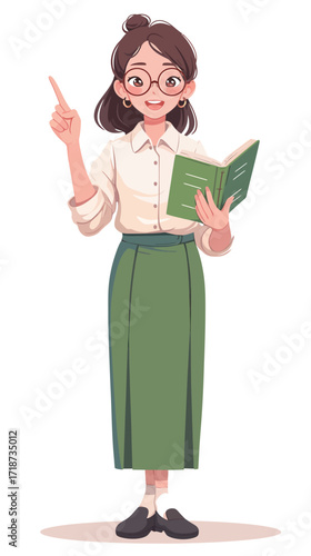A young woman stands confidently, holding an open book in one hand and pointing to it with the other. She wears a white shirt and green skirt, looking engaged and enthusiastic.