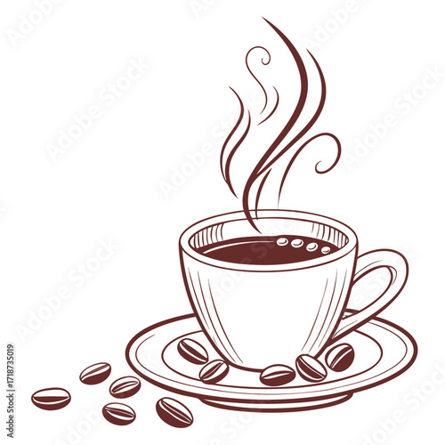 Coffee Cup with Many Beans on Saucer and Steam coffee beans