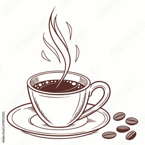 Coffee Cup with Steam and Beans on White saucer