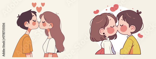 Two couples are engaged in romantic kisses, surrounded by heart graphics, evoking feelings of love and happiness. The scene captures intimate connections between partners.