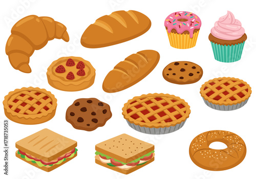 Vector illustration pastries Includes croissant bread cookie pie cupcake donut sandwich and bagel