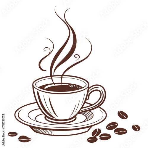 Coffee Cup with Swirling Steam and Beans saucer