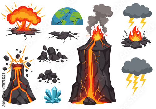 Volcanic cartoon with lava flow cracked earth explosions lightning rocks and crystals