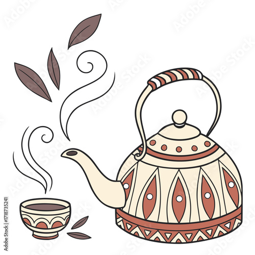 Colorful teapot and cup with steam and tea leaves drink