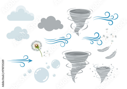 Weather clouds wind swirls dandelions tornado  bubbles are illustrated