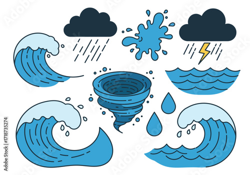Weather graphic with waves tornado storm clouds rain lightning water droplets and splash on a white background