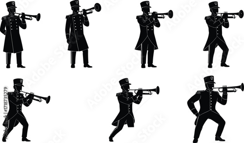 Silhouettes of marching band trumpet players in uniform performing parade, orchestra, celebration, concert, music festival, ceremony, cultural tradition, performance