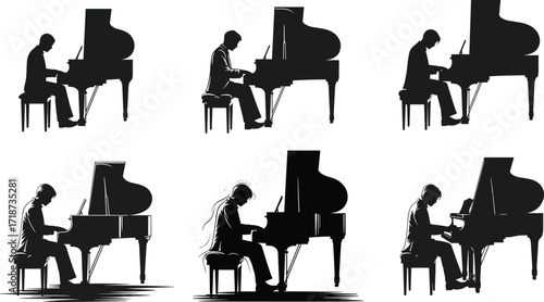 Silhouettes of pianist playing grand piano in concert performance, classical music, orchestra, stage art, cultural event, recital, live show
