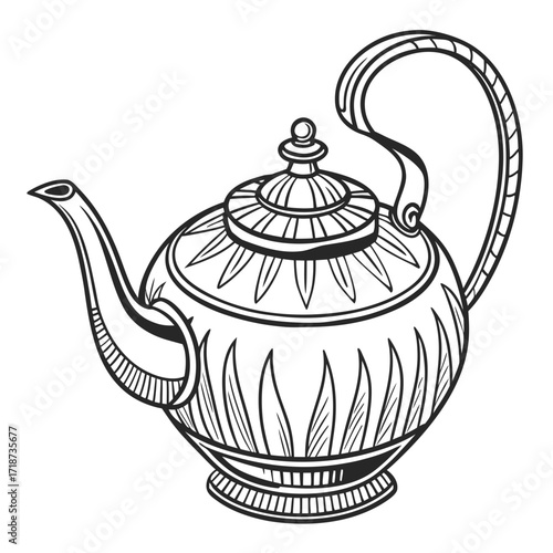 Decorative antique teapot with curved handle and patterned body