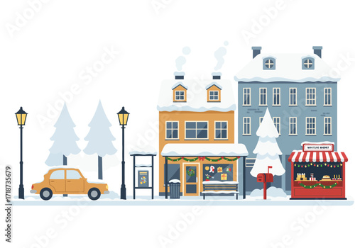 Winter street scene with snowcovered buildings a car trees market stall  streetlights