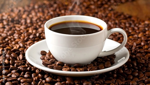 Aromatic Coffee Cup on a Bed of Roasted Coffee Beans.