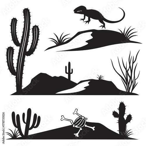 Desert Landscape Silhouettes with Cactus and Reptile