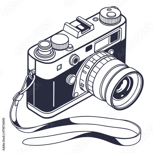 Detailed line drawing of a classic film camera Keywords: camera, vintage, retro, photography