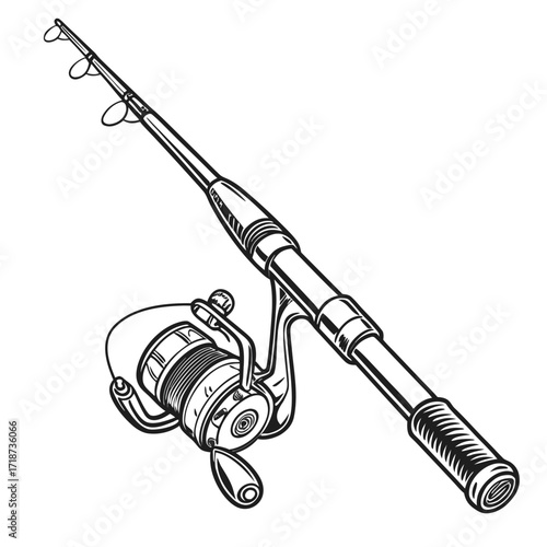 Detailed line art of fishing rod and reel spinning reel
