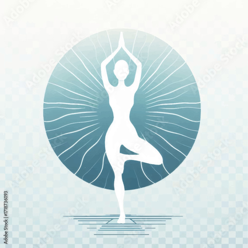 White silhouette of a woman practicing yoga tree pose.