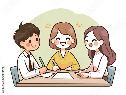 Three students are working together at a table, smiling and engaged in a creative discussion while noting ideas on papers. The atmosphere is cheerful and focused.