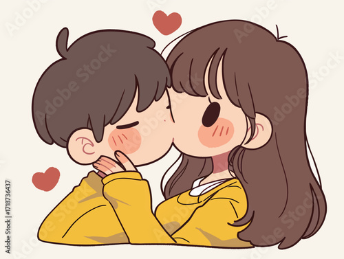 A young couple in matching yellow sweaters share a tender kiss. They enjoy a playful, affectionate moment, surrounded by hearts that add to the sweet atmosphere.