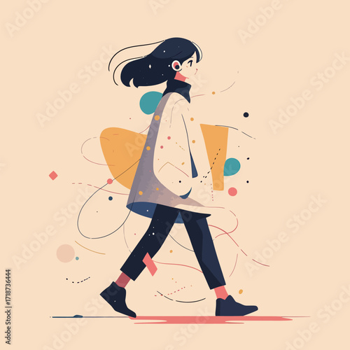 A young woman strolls confidently through a whimsical landscape filled with vibrant shapes and colors. Her carefree movement adds life to the creative backdrop.