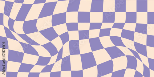 Seamless purple checkerboard pattern. Repeating distorted checkered texture. Groovy trippy abstract background. Vintage retro style wallpaper for textile, fabric, wrapping paper. Vector check surface