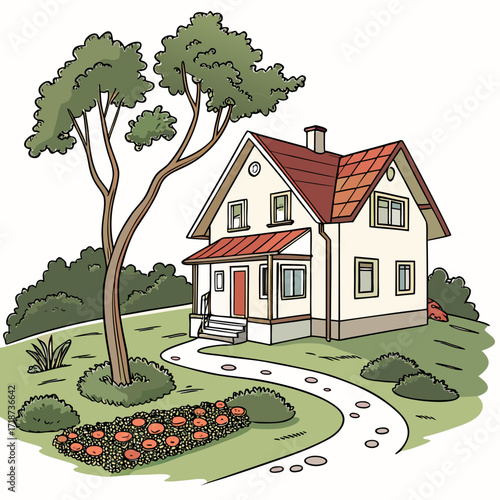 Elegant house with a curved path and blooming flower bed Keywords: house, home, residential