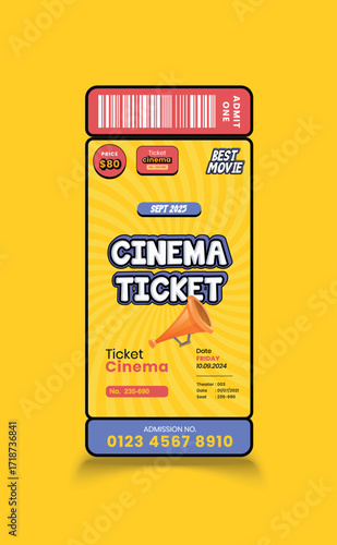 Cinema or movie ticket template featuring a realistic retro cinema design, classic front view layout, and detailed vector illustration perfect for posters, events, collectibles.