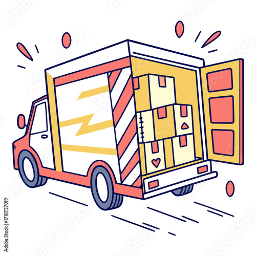 Fast Delivery Truck With Open Back And Packages moving van