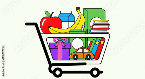 Shopping cart with groceries and gift purchase vector illustration design concept image stock photography