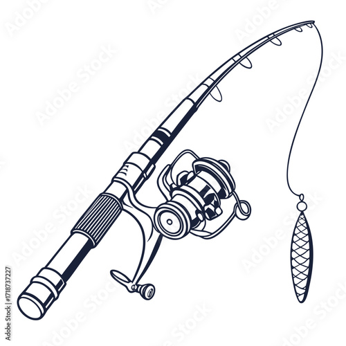 Fishing rod and reel with lure on white background