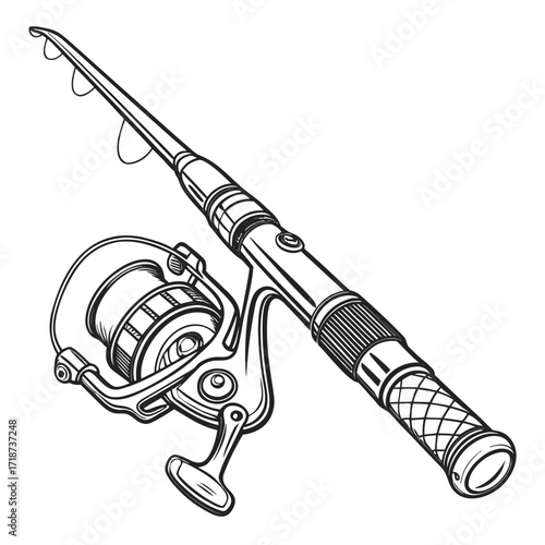 Fishing rod and spinning reel line art illustration