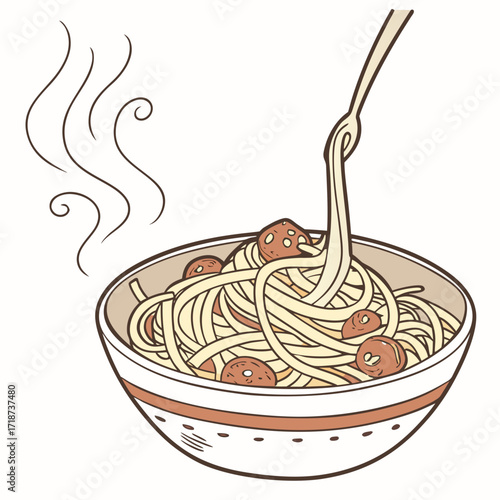 Fork twirling spaghetti and meatballs from a bowl Keywords: spaghetti, pasta, meatballs, food