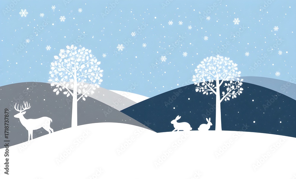 Obraz premium Silhouette of Deer and Rabbits in Winter Snowscape