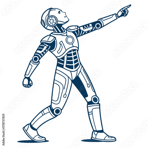 Futuristic robot pointing upwards with a determined pose