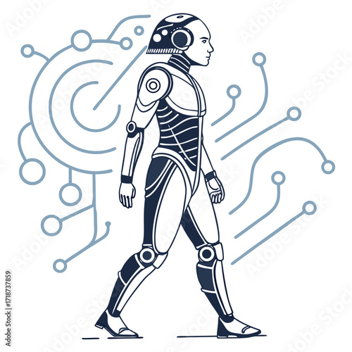 Futuristic humanoid robot with circuit board background
