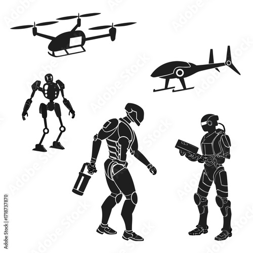 Futuristic robots and drones in silhouette android