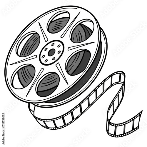 Gray film reel with unwound film strip illustration