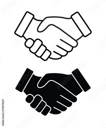 Simple vector icons of a handshake. Outline and solid black versions for illustrating concepts like deals, greetings, and collaboration