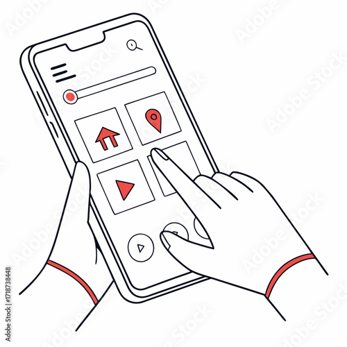 Hands holding smartphone with app interface and finger touching screen