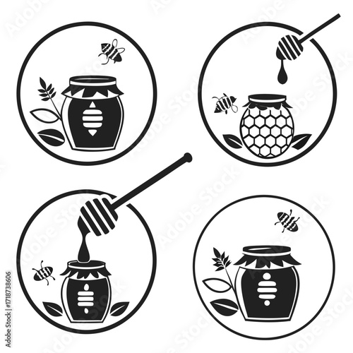 Honey Jar Icons with Bees and Honey Dippers